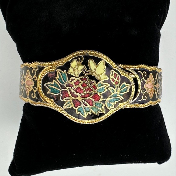 Vintage Cloisonne Enamel Cuff Bracelet Peony Butterfly Gold Tone Black Hinged
